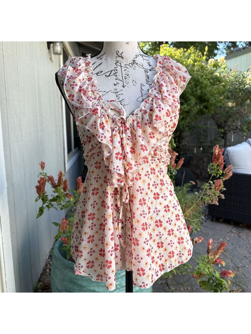 Free People Fearless Cami Coral Flutter Tie Top Open Front Satin Ruffles S